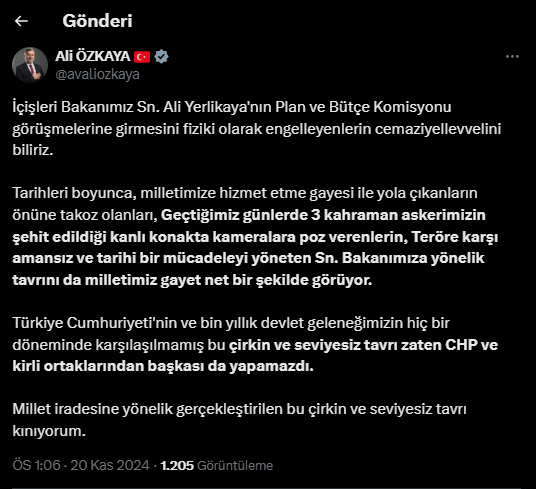 Özkaya’dan Bakan Yerlikaya'ya Yönelik Provokasyona Tepki