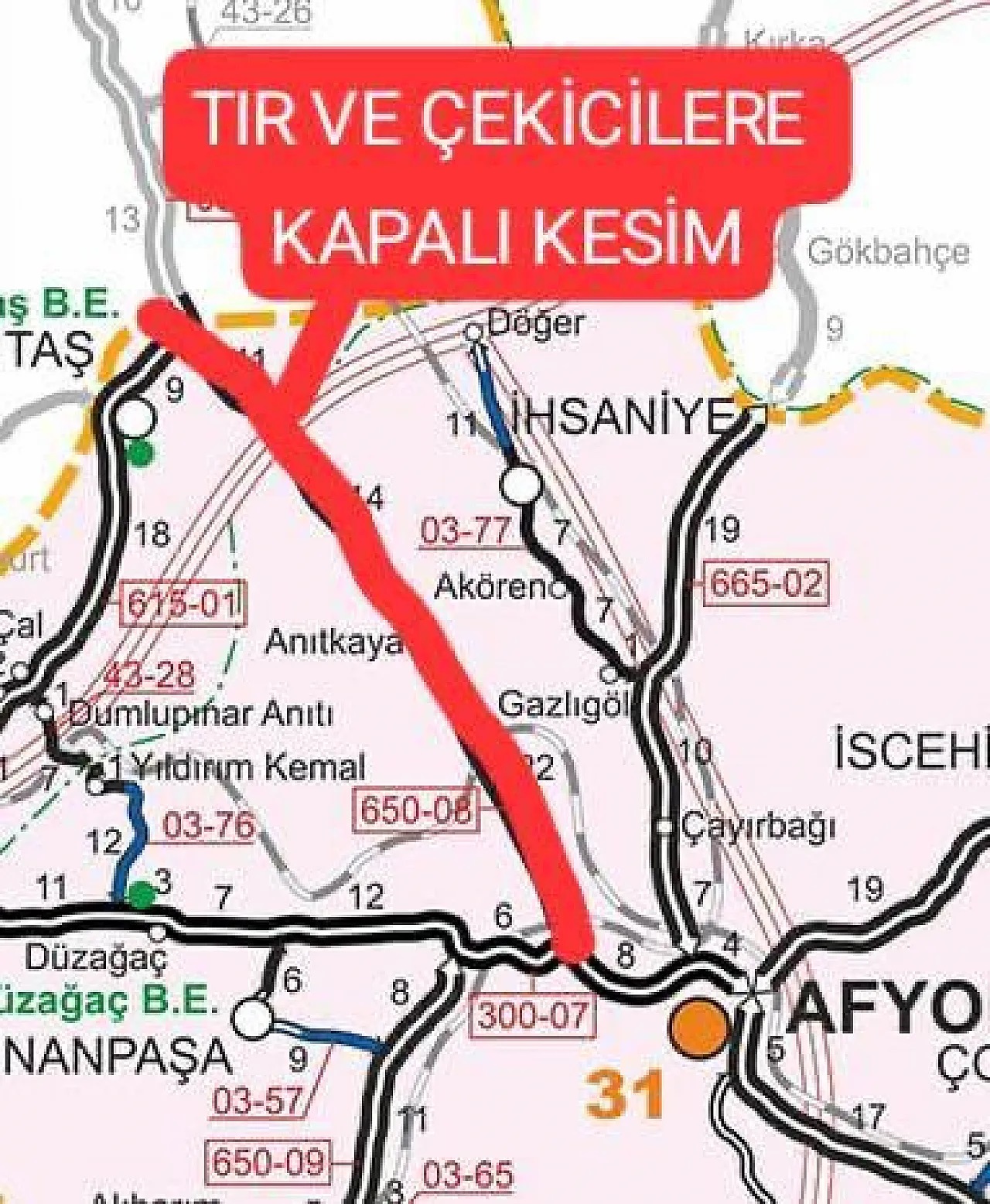AFYONKARAHİSAR-KÜTAHYA YOLU AĞIR TAŞIT TRAFİĞİNE KAPATILDI