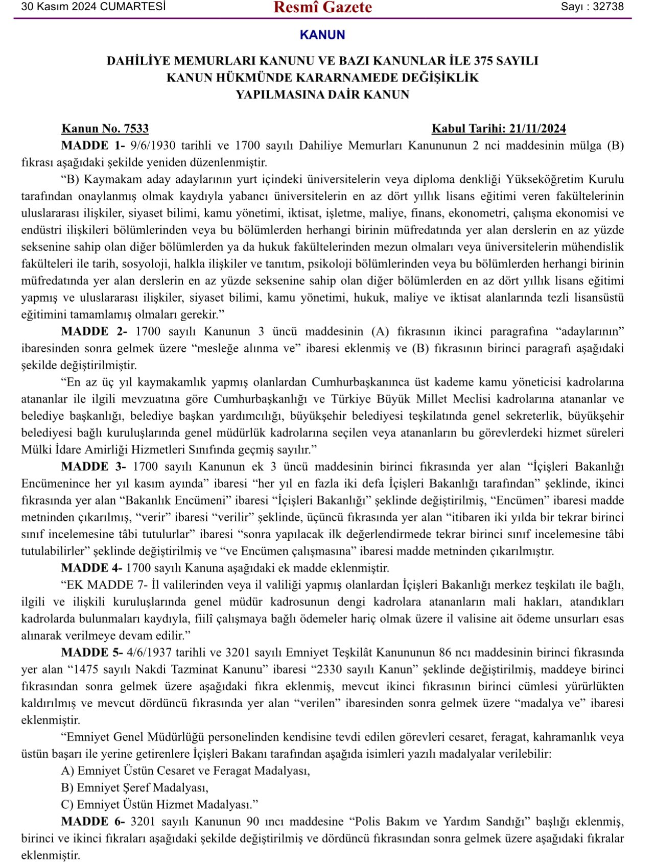 Dahiliye Memurları Kanunu'nda Kaymakam Adayları İçin Yeni Düzenleme