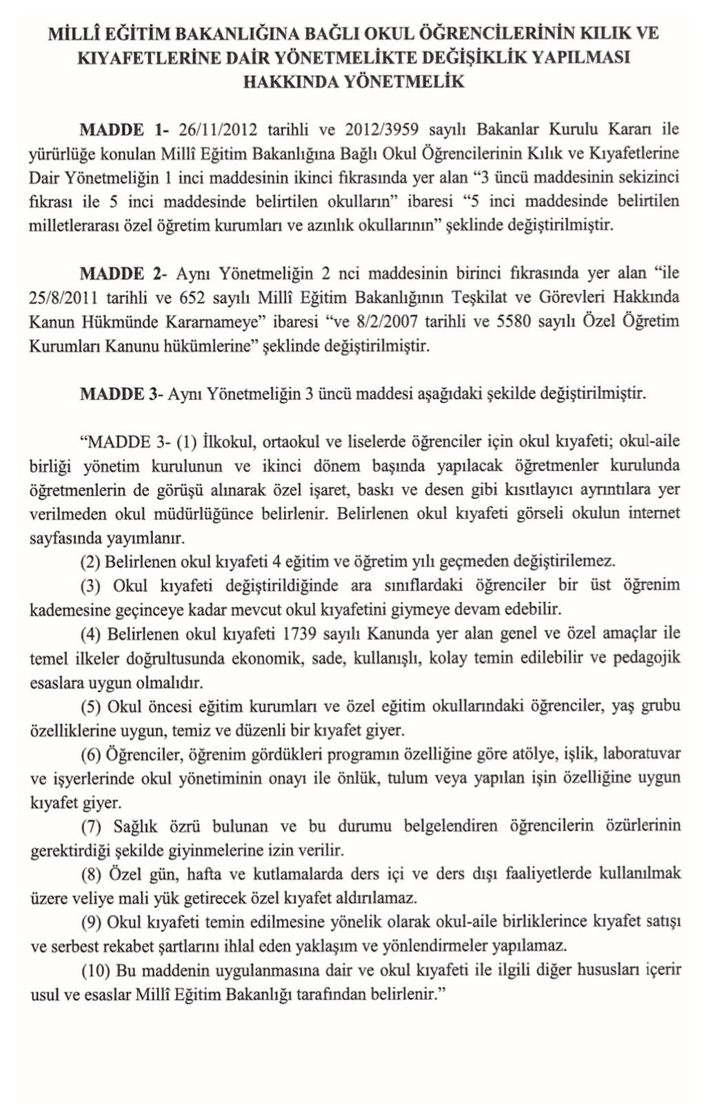 RESMÎ GAZETE’DE YAYIMLANDI OKUL KIYAFETİ YÖNETMELİĞİNDE DEĞİŞİKLİK YAPILDI