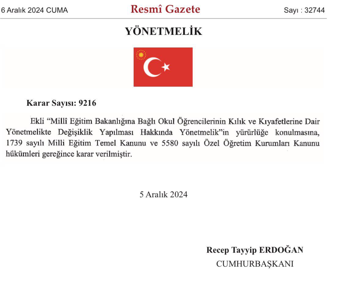 RESMÎ GAZETE’DE YAYIMLANDI OKUL KIYAFETİ YÖNETMELİĞİNDE DEĞİŞİKLİK YAPILDI