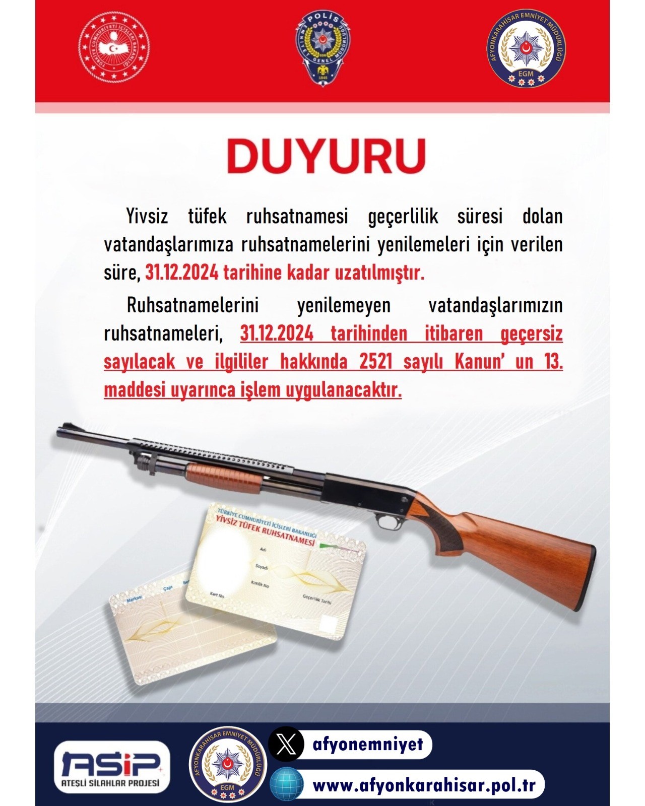 Emniyet Müdürlüğü Yivsiz Tüfek Sahiplerini Uyardı