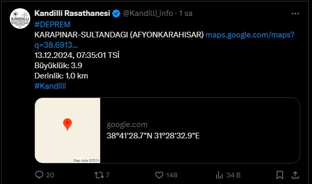 Afyonkarahisar’da 3.9 Büyüklüğünde Deprem