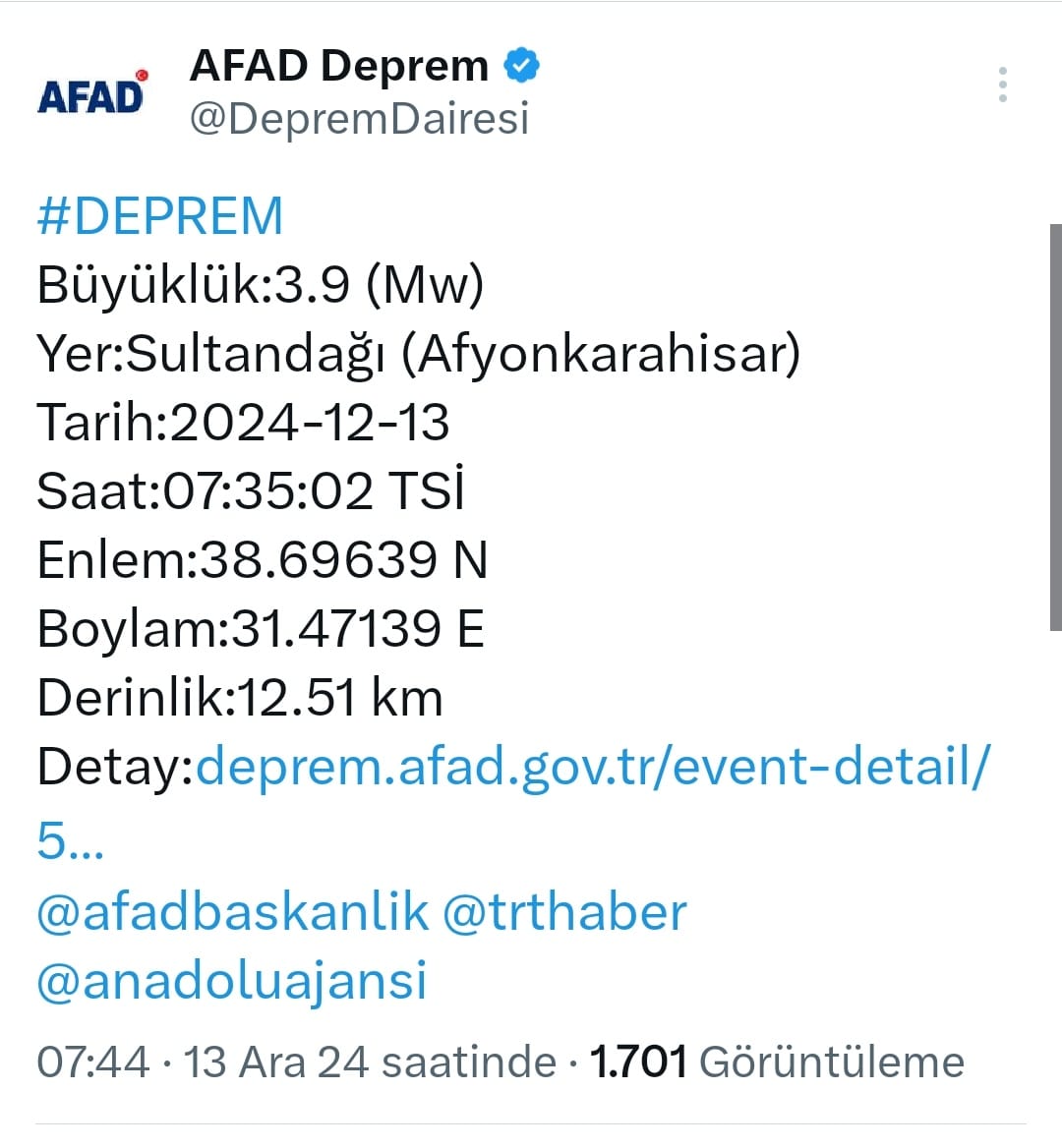 Afyonkarahisar’da 3.9 Büyüklüğünde Deprem