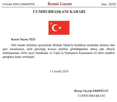 Birleşik Metal-İş Grevi 60 Gün yasaklandı!  Erteleme Kararı "Milli Güvenlik" Gerekçesiyle Alındı