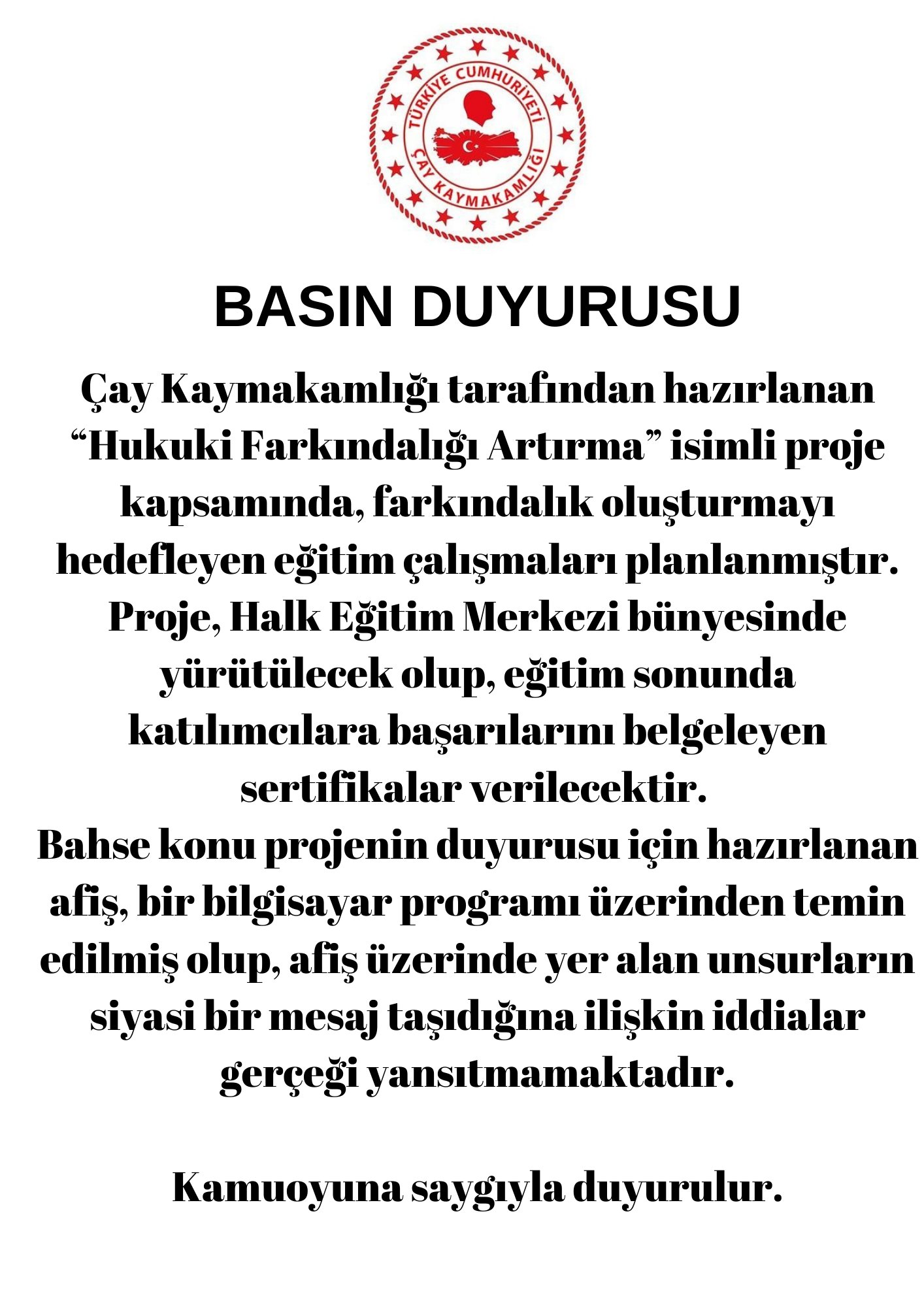 Çay Kaymakamlığı'ndan "Siyasi Mesaj" İddialarına Yanıt