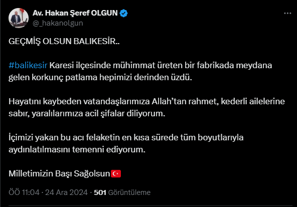 Milletvekili Olgun: "Milletimizin Başı Sağ Olsun, Acı Felaketin En Kısa Sürede Aydınlatılmasını Temenni Ediyorum"