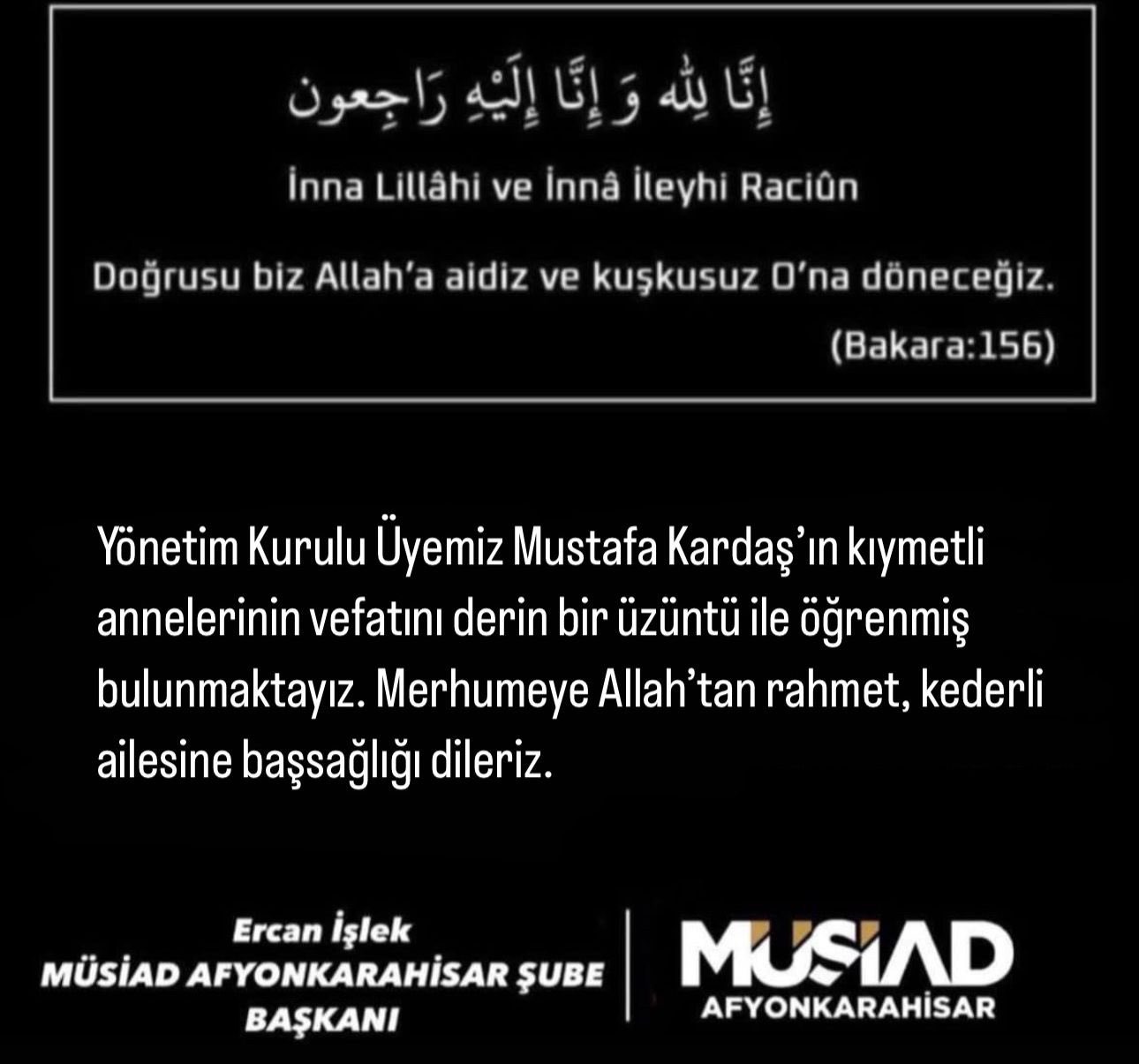 MÜSİAD Afyon Camiası Yasta Kardaş Anne Acısı Yaşadı