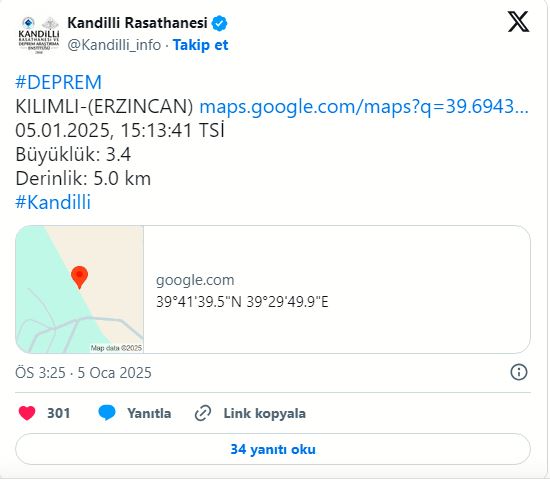 Erzincan'da korkutan deprem: 3.4 Büyüklüğünde Sarsıntı Meydana Geldi