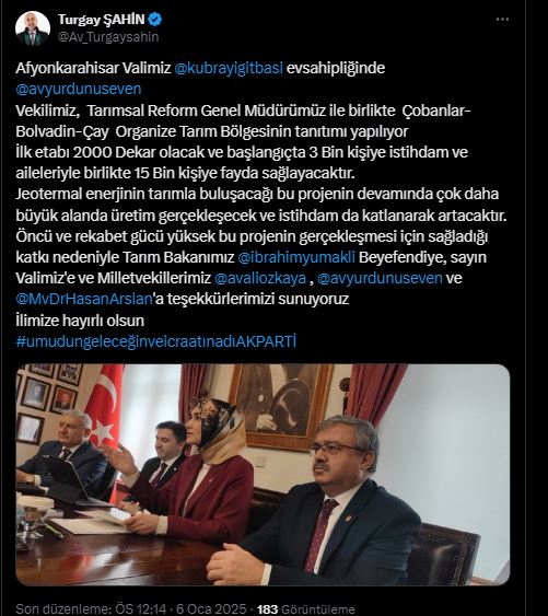 Afyon’un Tarım Alanına Büyük Müjdeyi  AK Partili Şahin Sıcağı Sıcağına Paylaştı