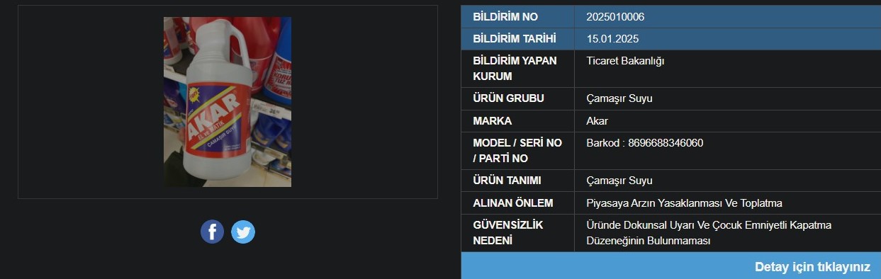 Bakanlık harekete geçti: Ünlü çamaşır suyu marketlerden toplatılıyor