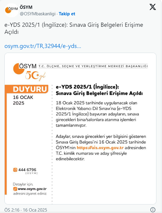 e-YDS 2025/1 (İngilizce): Sınava Giriş Belgeleri Erişime Açıldı