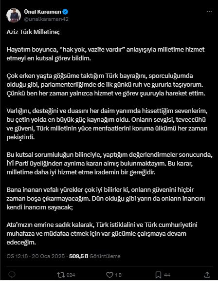 İYİ Parti Konya Milletvekili Ünal Karaman, Partisinden İstifa Etti!