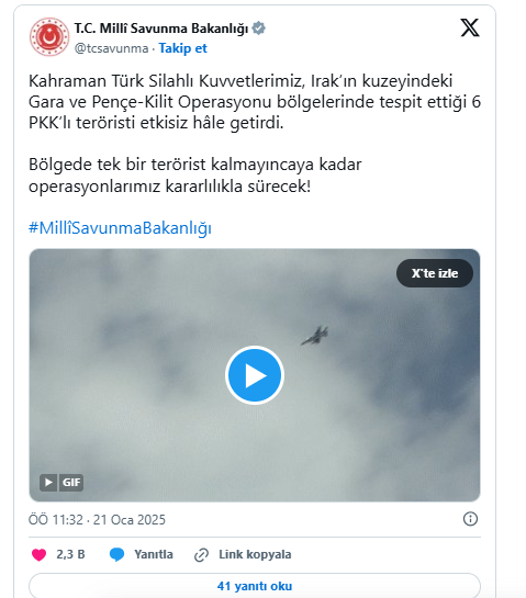 Gara ve Pençe-Kilit Operasyonu Bölgelerinde 6 Terörist Etkisiz Hale Getirildi