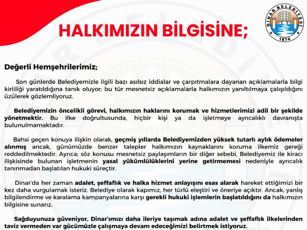 DİNAR BELEDİYESİ’NDEN BASIN AÇIKLAMASI!