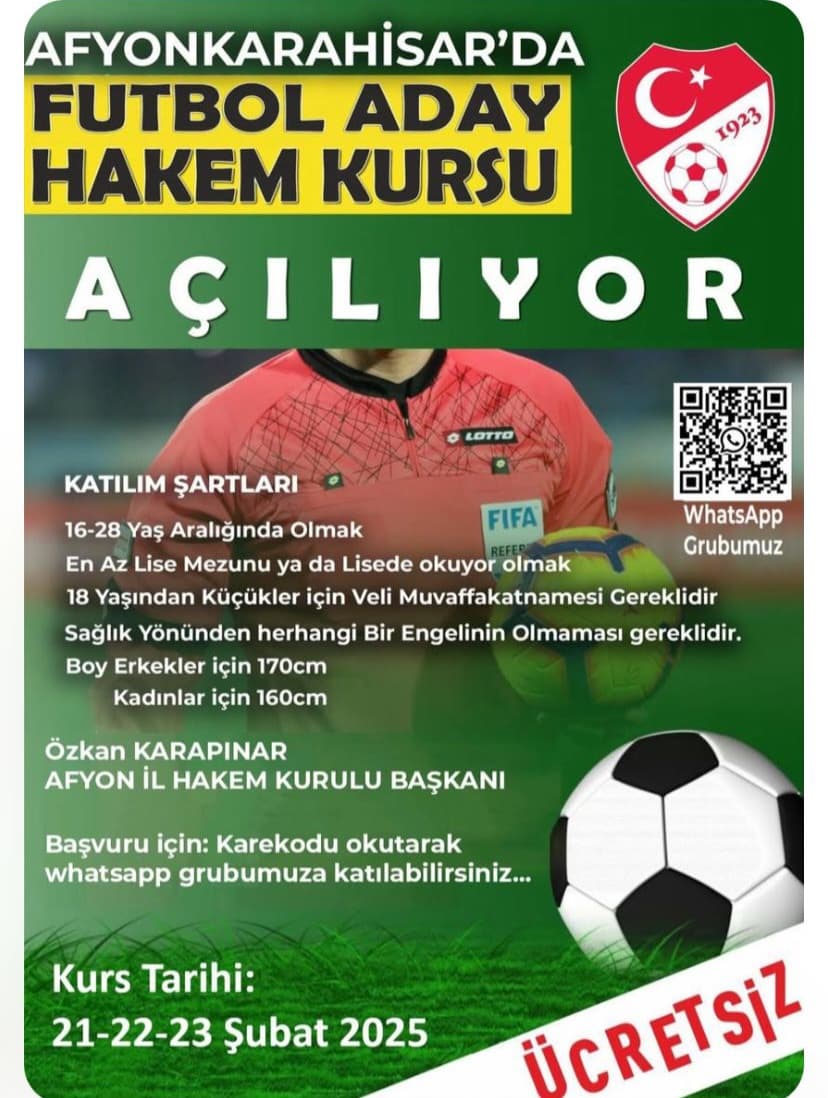 Afyonkarahisar’da Futbol Aday Hakem Kursu Açılıyor