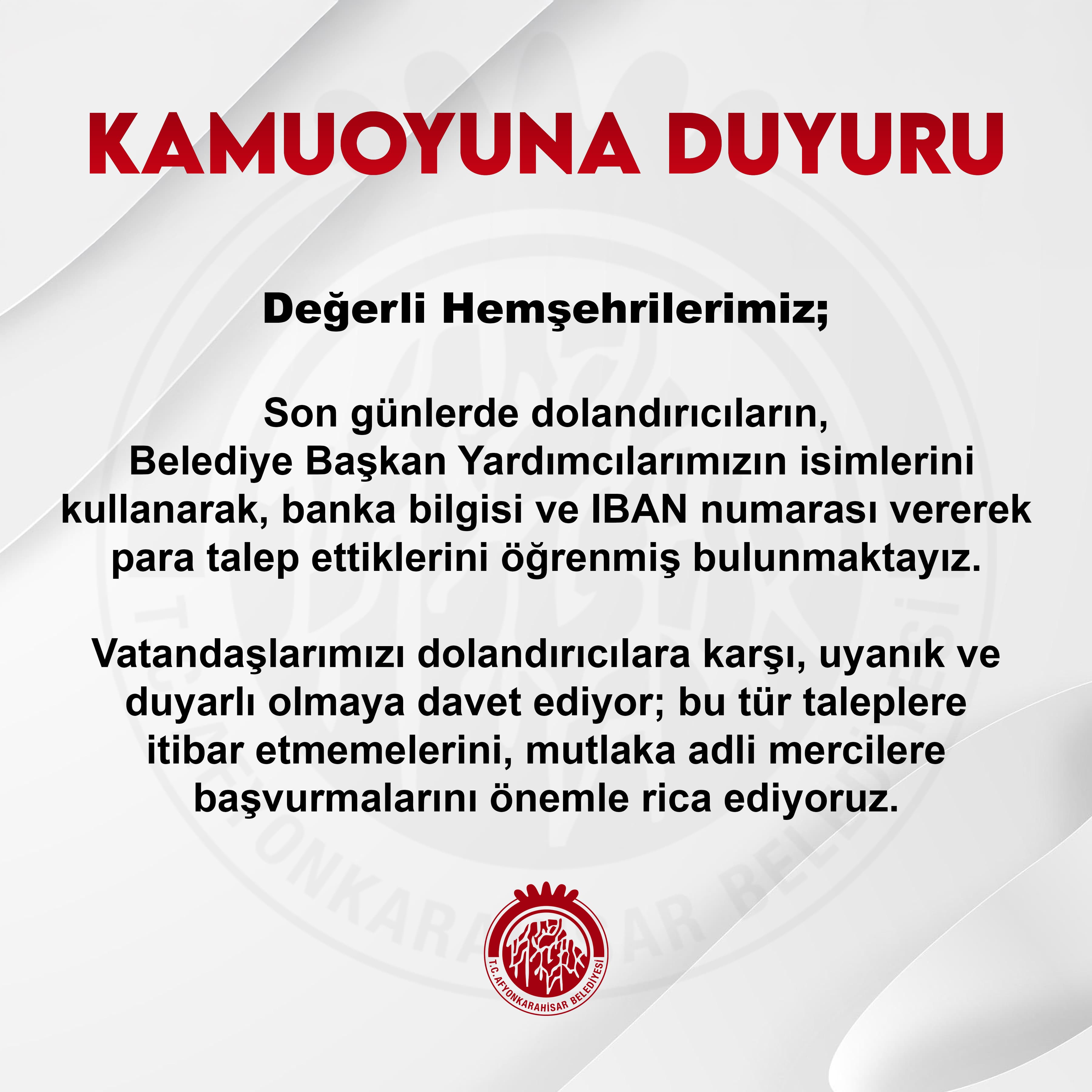 Afyonkarahisar Belediyesi'nden Dolandırıcılık Uyarısı