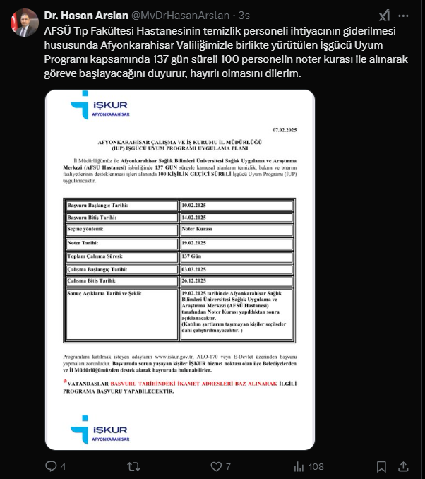 Milletvekili Arslan Duyurdu!  AFSÜ Hastanesine 100 Temizlik Personeli Alınacak