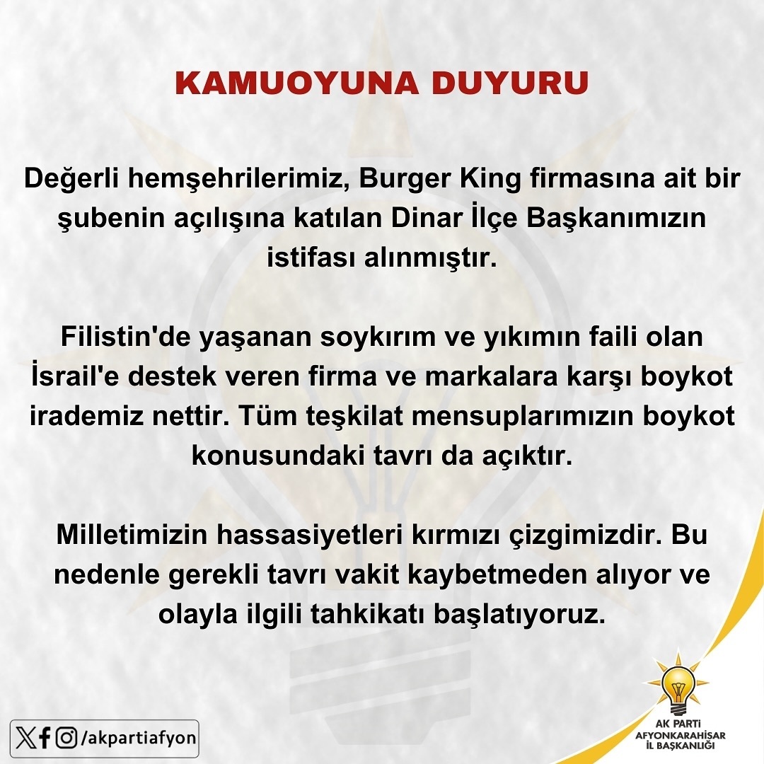 Burger King Firmasının Açılışına Katılan Ak Partili Dinar İlçe Başkanının İstifası Alındı