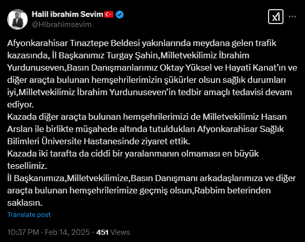 Tanıtım ve Medya Başkanı Sevim Duyurdu: Milletvekili Yurdunuseven'in Tedavisi Tedbir Amaçlı Sürüyor
