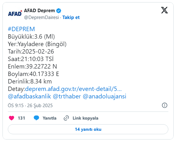 SON DAKİKABİNGÖL’DE 3.6  BÜYÜKLÜĞÜNDE DEPREM