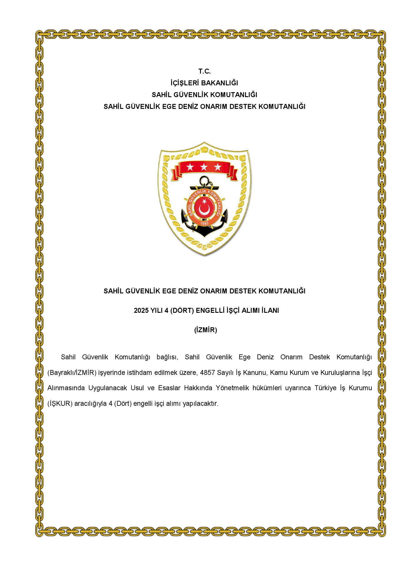 Jandarma Genel Komutanlığı 8 Engelli İşçi Alacak