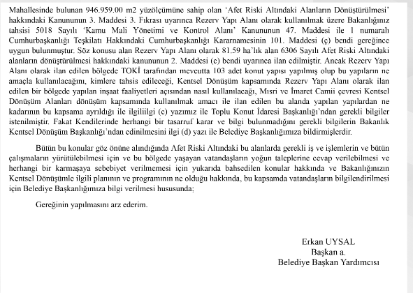 KENTSEL DÖNÜŞÜM POLEMİĞİNE  BELEDİYEDEN RESMİ EVRAKLI AÇIKLAMA GELDİ