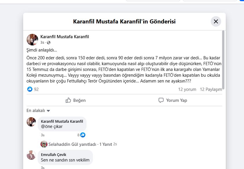 Meclis Üyesi Karanfilden, Ekici'ye FETÖ Göndermesi
