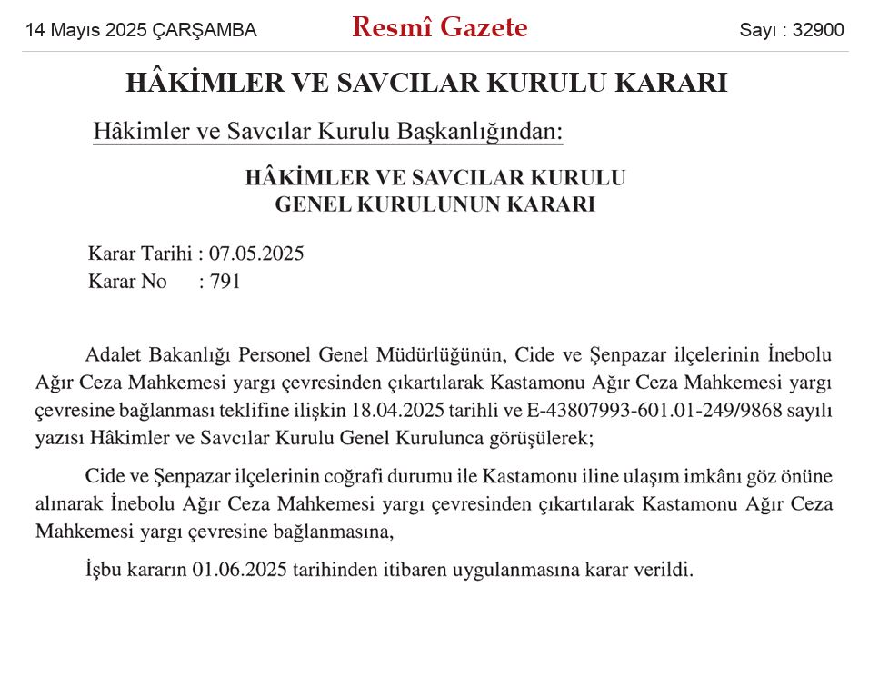 CİDE VE ŞENPAZAR ARTIK KASTAMONU AĞIR CEZA MAHKEMESİ'NE BAĞLI
