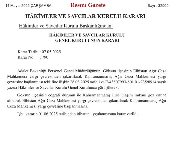GÖKSUN İLÇESİNİN YARGI BAĞLANTISI DEĞİŞTİ