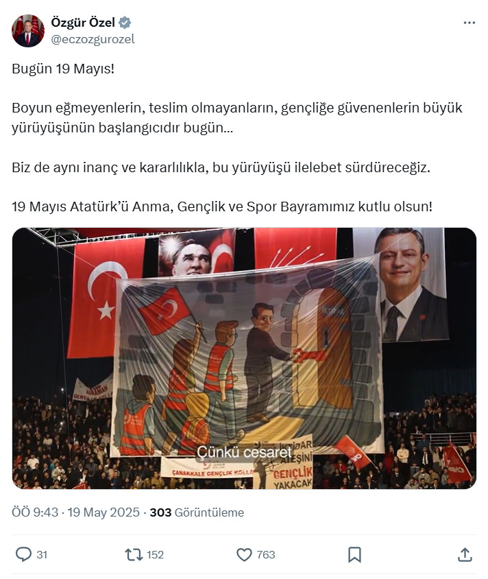 CHP Lideri Özgür Özel’den 19 Mayıs Mesajı “Boyun eğmeyenlerin yürüyüşü bugün başladı”