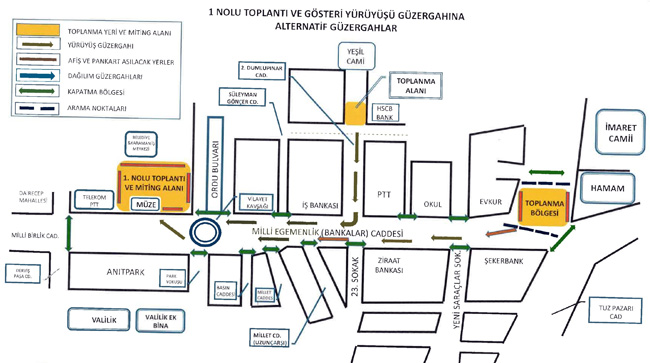 MİTİNG ALANLARI VE YÜRÜYÜŞ GÜZERGAHLARI BELİRLENDİ