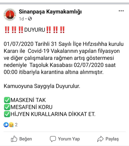 BİR KASABA KARANTİNAYA ALINDI