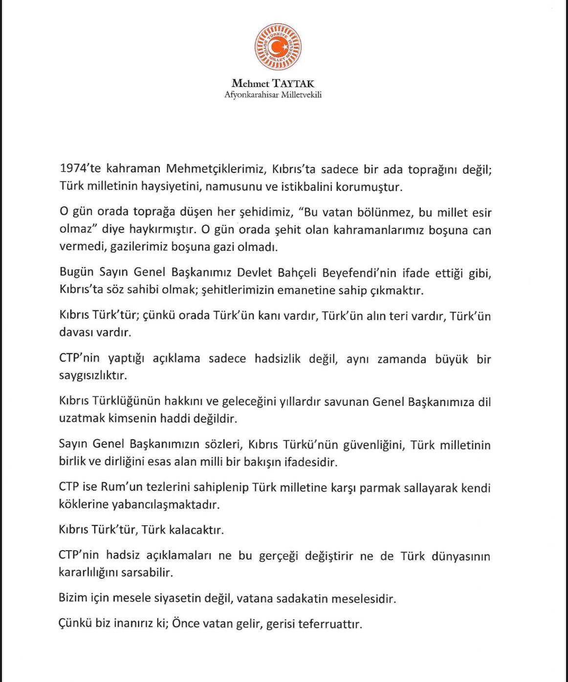 MHP’li Mehmet Taytak’tan Ctp’ye Sert Tepki!