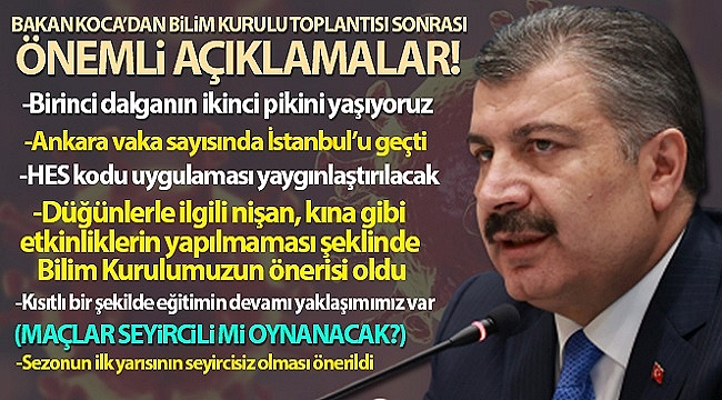 Sağlık Bakanı Koca: 'Korona virüsün birinci dalgasının ikinci pikini yaşadığımızı söyleyebilirim'