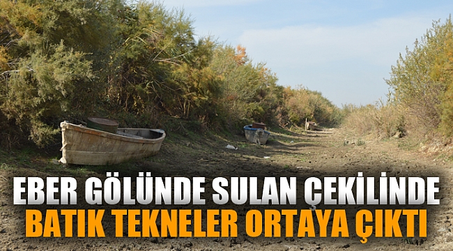 Eber Gölü'nde sular çekilince batık tekneler de gün yüzüne çıktı