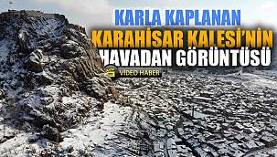 Karla kaplanan Karahisar Kalesi'nin havadan görüntüsü büyüledi 