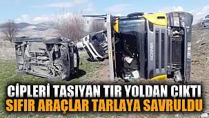 Cipleri taşıyan tır yoldan çıktı, sıfır araçlar tarlaya savruldu 