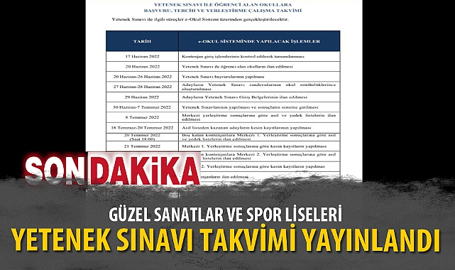 GÜZEL SANATLAR VE SPOR LİSELERİ YETENEK SINAVI TAKVİMİ YAYINLANDI