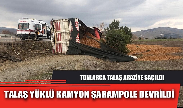 TALAŞ YÜKLÜ KAMYON ŞARAMPOLE DEVRİLDİ