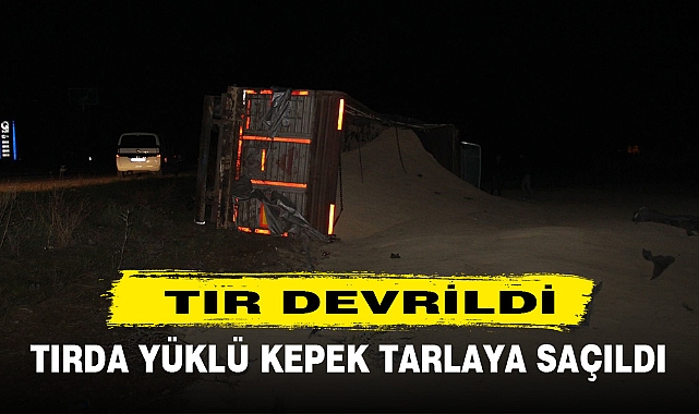 DEVRİLEN TIRDA YÜKLÜ KEPEK TARLAYA SAÇILDI