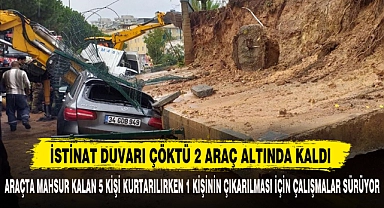 İSTİNAT DUVARI ÇÖKTÜ 2 ARAÇ ALTINDA KALDI