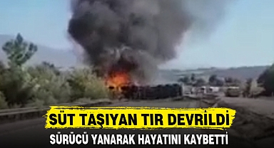 SÜT TAŞIYAN TIR DEVRİLDİ
