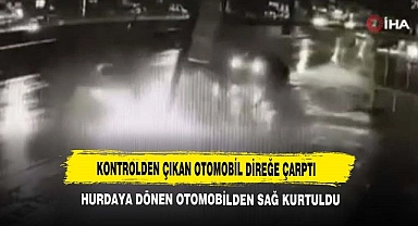 Otomobili Direğe Çarptı Hurdaya Dönen Otomobilden Sağ Kurtuldu