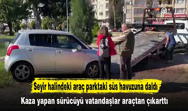 Seyir halindeki araç parktaki süs havuzuna daldı