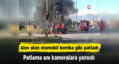 Alev alan otomobil bomba gibi patladı