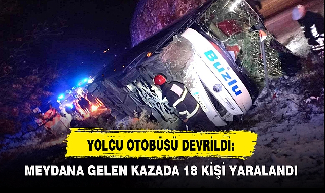 YOLCU OTOBÜSÜ DEVRİLDİ: