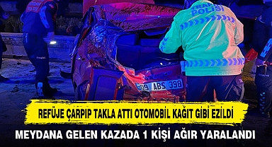 REFÜJE ÇARPIP TAKLA ATTI OTOMOBİL KAĞIT GİBİ EZİLDİ