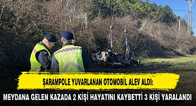 ŞARAMPOLE YUVARLANAN OTOMOBİL ALEV ALDI: