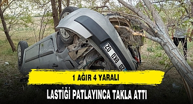LASTİĞİ PATLAYINCA TAKLA ATTI 1 AĞIR 4 YARALI